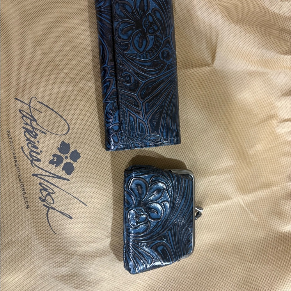 Patricia Nash Black Embossed Floral Leather Wallet and Coin Purse Set